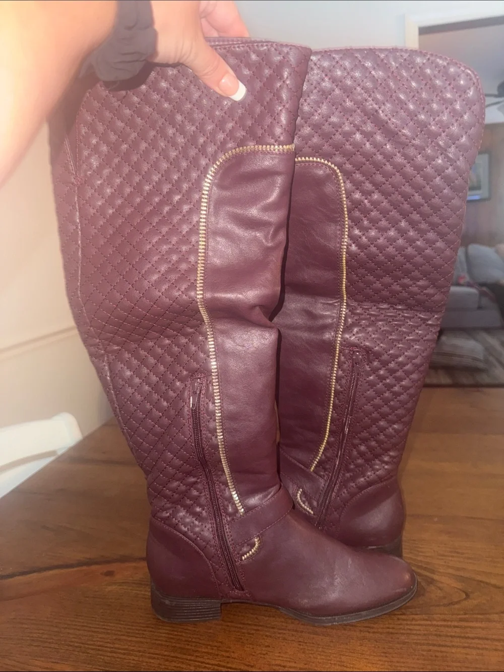 Quilted Over-the-Knee Riding Boots in Burgundy with Gold Accents